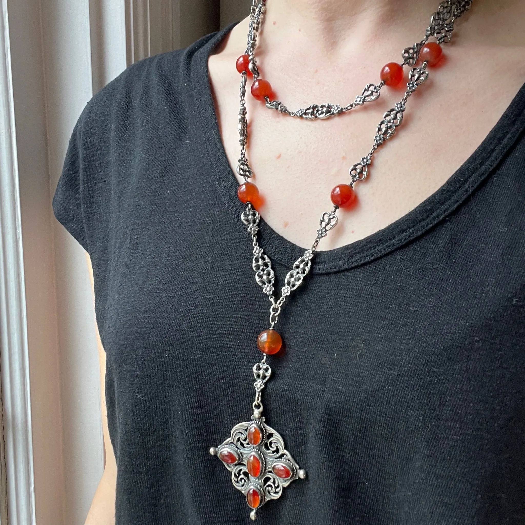 Gothic Revival Carnelian & Sterling Cross Necklace by Peruzzi