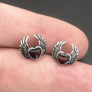 Gothic Silver Vintage Blood Red Heart with Wings Ear Studs