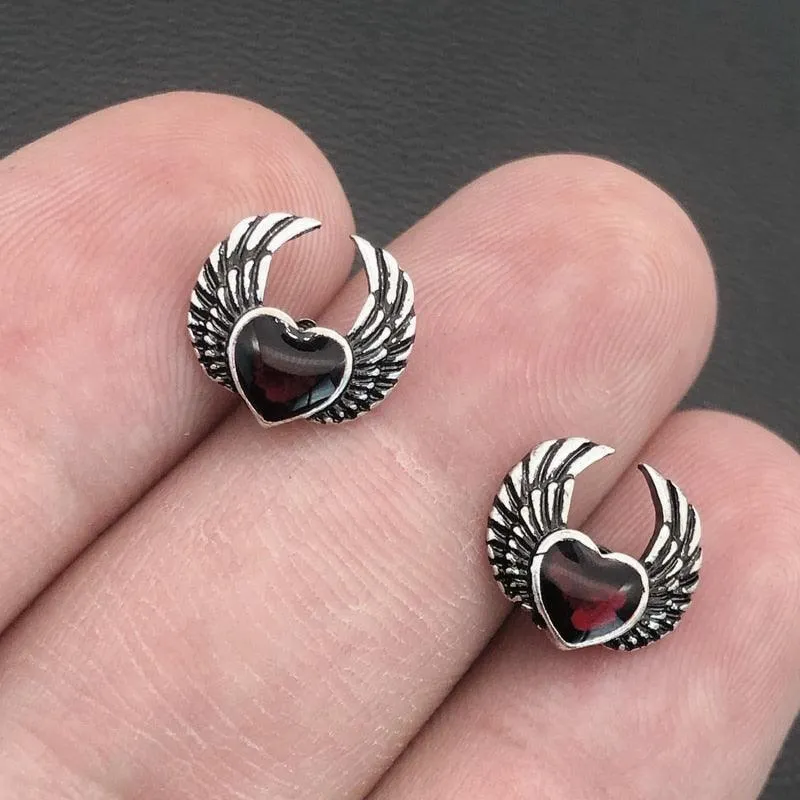 Gothic Silver Vintage Blood Red Heart with Wings Ear Studs