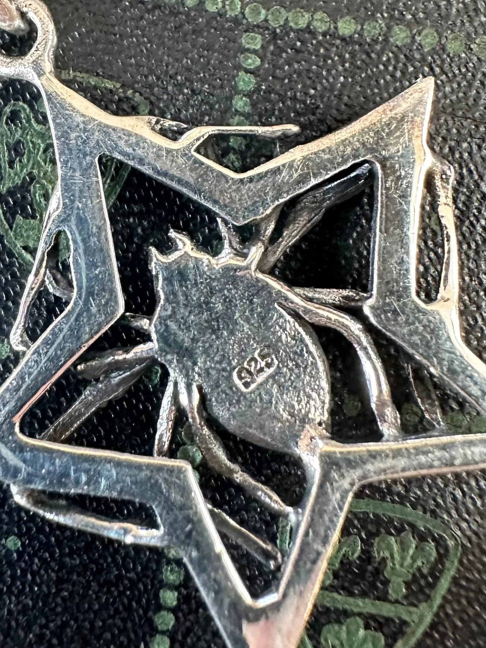 Gothic Sterling Silver Spider Star Black Widow Pendant Necklace Hook Clasp 19”