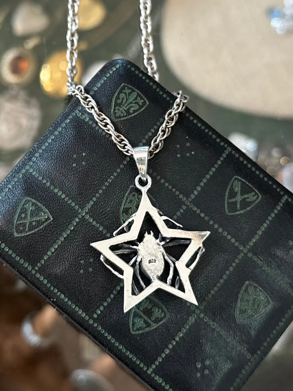 Gothic Sterling Silver Spider Star Black Widow Pendant Necklace Hook Clasp 19”