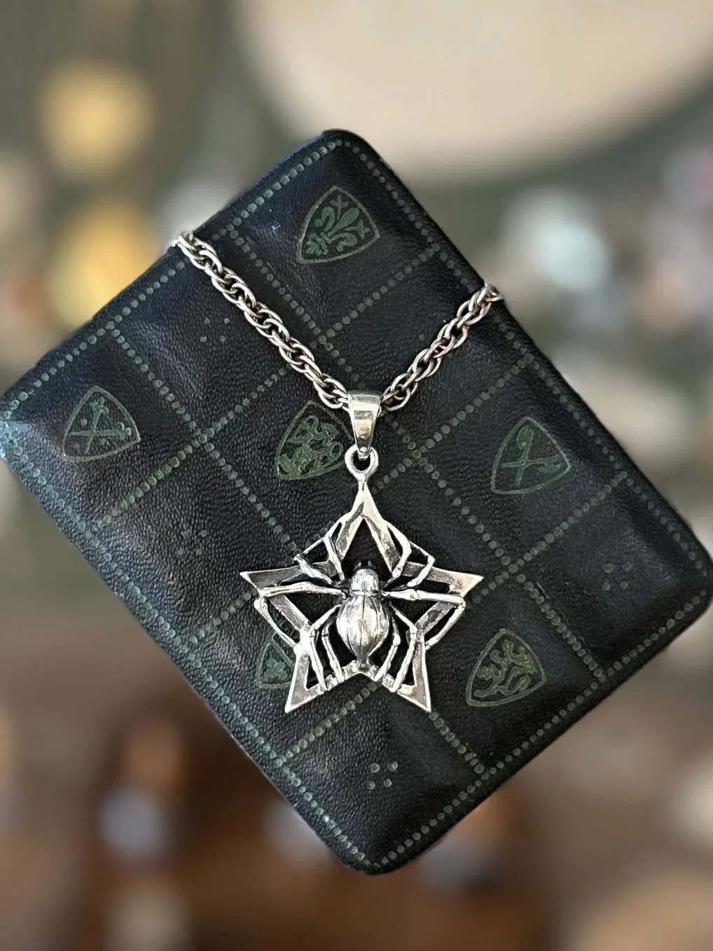 Gothic Sterling Silver Spider Star Black Widow Pendant Necklace Hook Clasp 19”