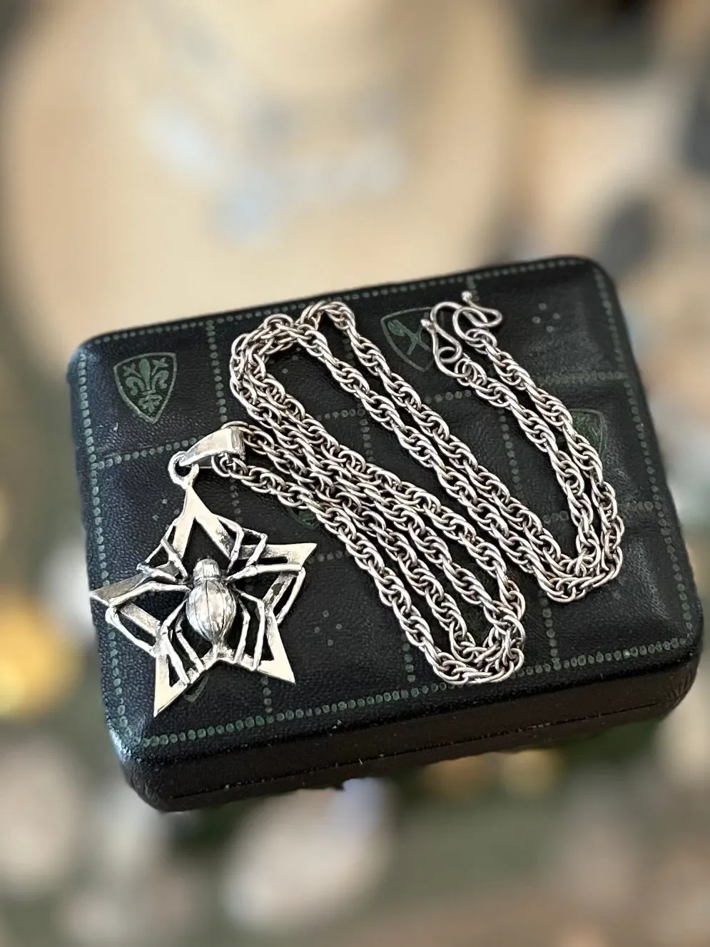 Gothic Sterling Silver Spider Star Black Widow Pendant Necklace Hook Clasp 19”