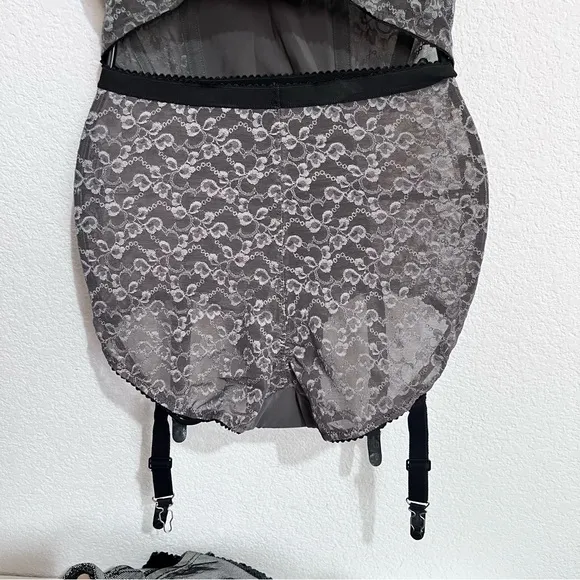 Gray Lace Bustier &amp; High Waisted Garter Panties Lingerie 2 Piece Set Small