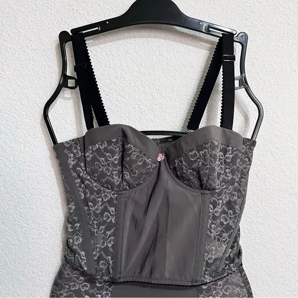 Gray Lace Bustier &amp; High Waisted Garter Panties Lingerie 2 Piece Set Small