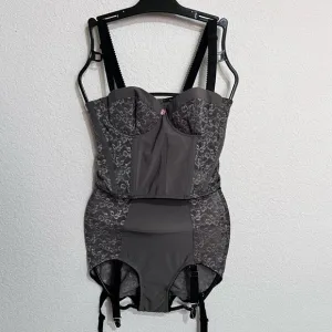 Gray Lace Bustier &amp; High Waisted Garter Panties Lingerie 2 Piece Set Small