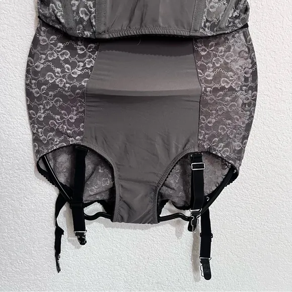Gray Lace Bustier &amp; High Waisted Garter Panties Lingerie 2 Piece Set Small