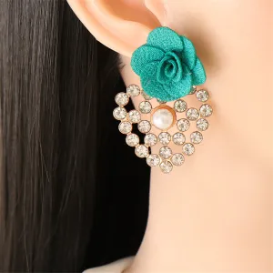 Green Lace & Cubic Zirconia Flower Drop Earrings