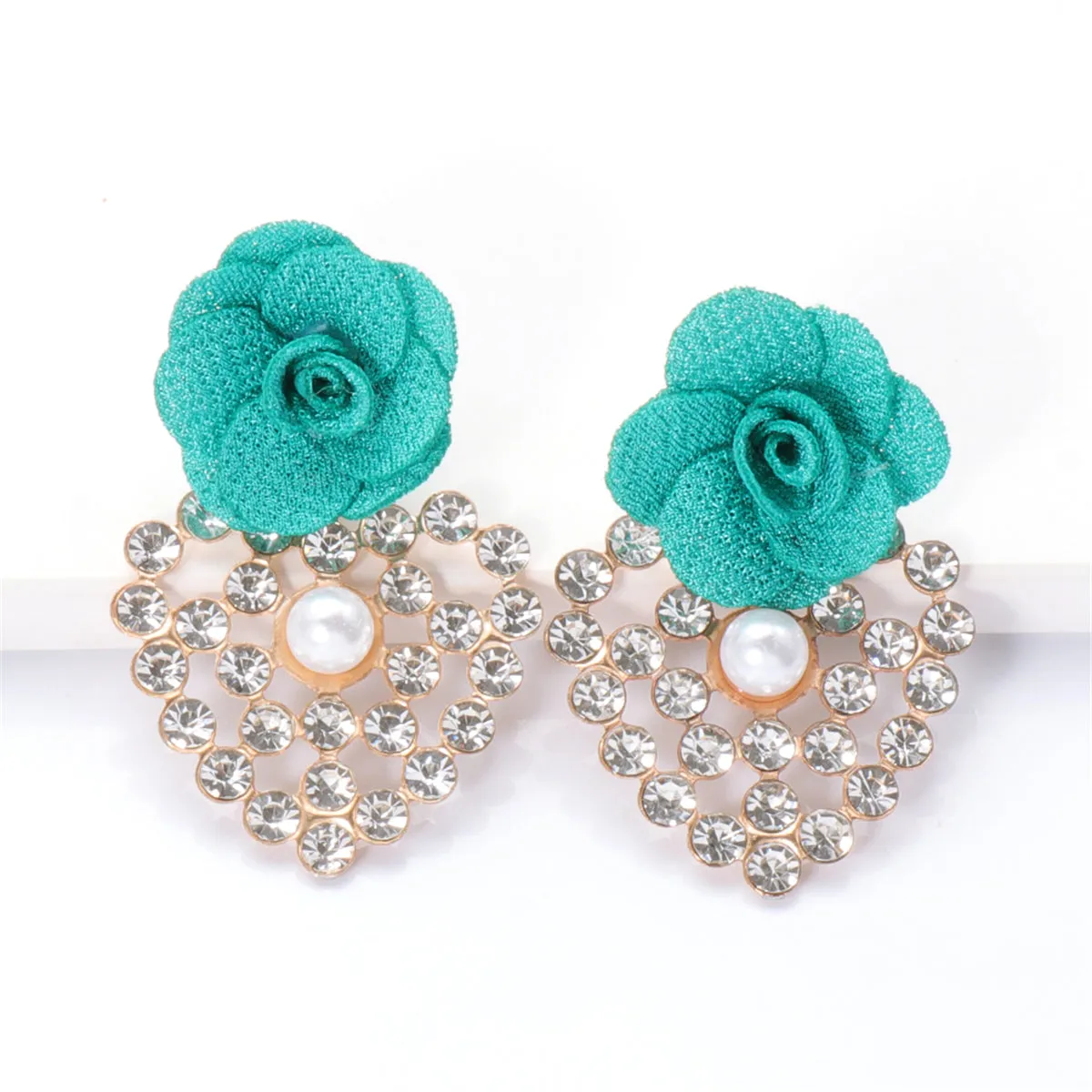 Green Lace & Cubic Zirconia Flower Drop Earrings