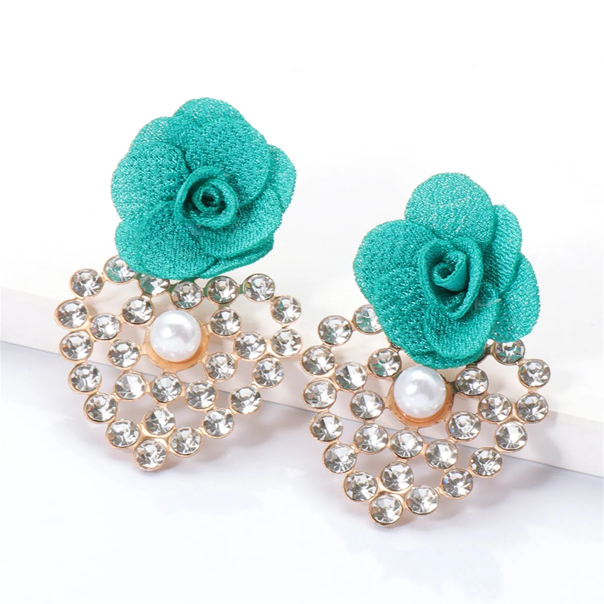 Green Lace & Cubic Zirconia Flower Drop Earrings