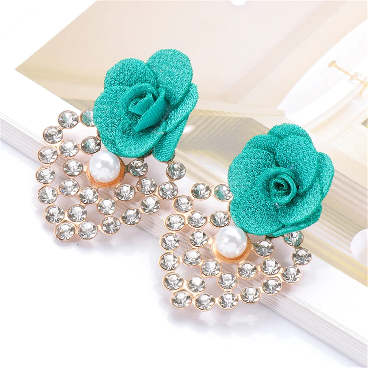 Green Lace & Cubic Zirconia Flower Drop Earrings