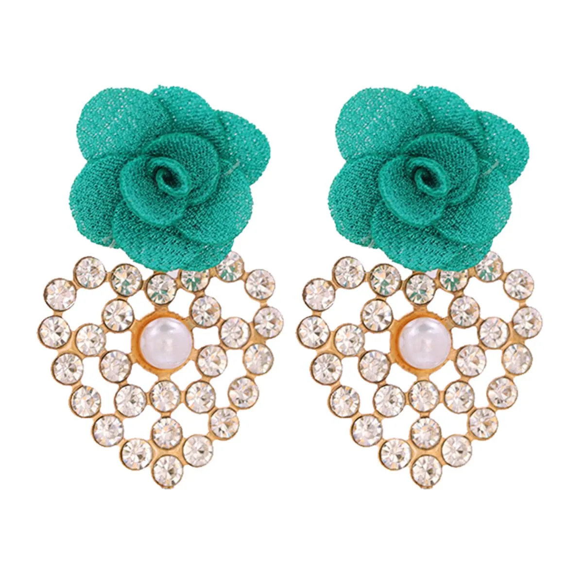 Green Lace & Cubic Zirconia Flower Drop Earrings