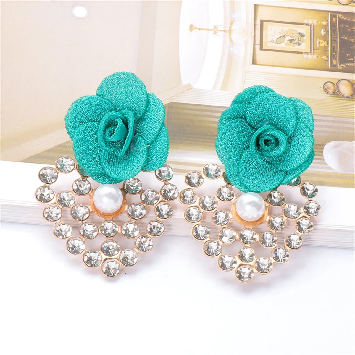 Green Lace & Cubic Zirconia Flower Drop Earrings