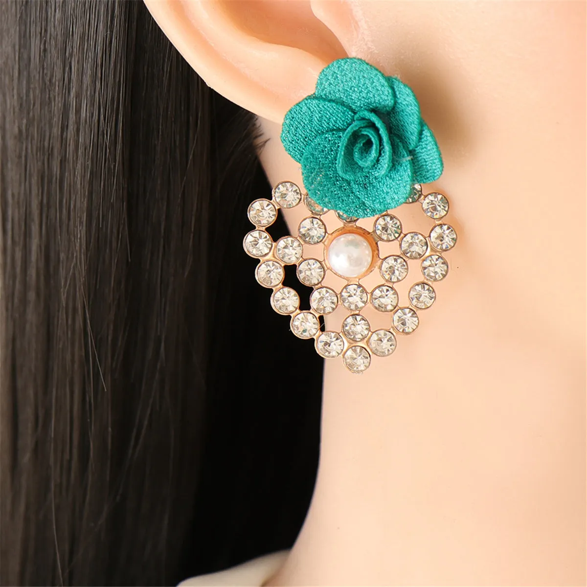 Green Lace & Cubic Zirconia Flower Drop Earrings