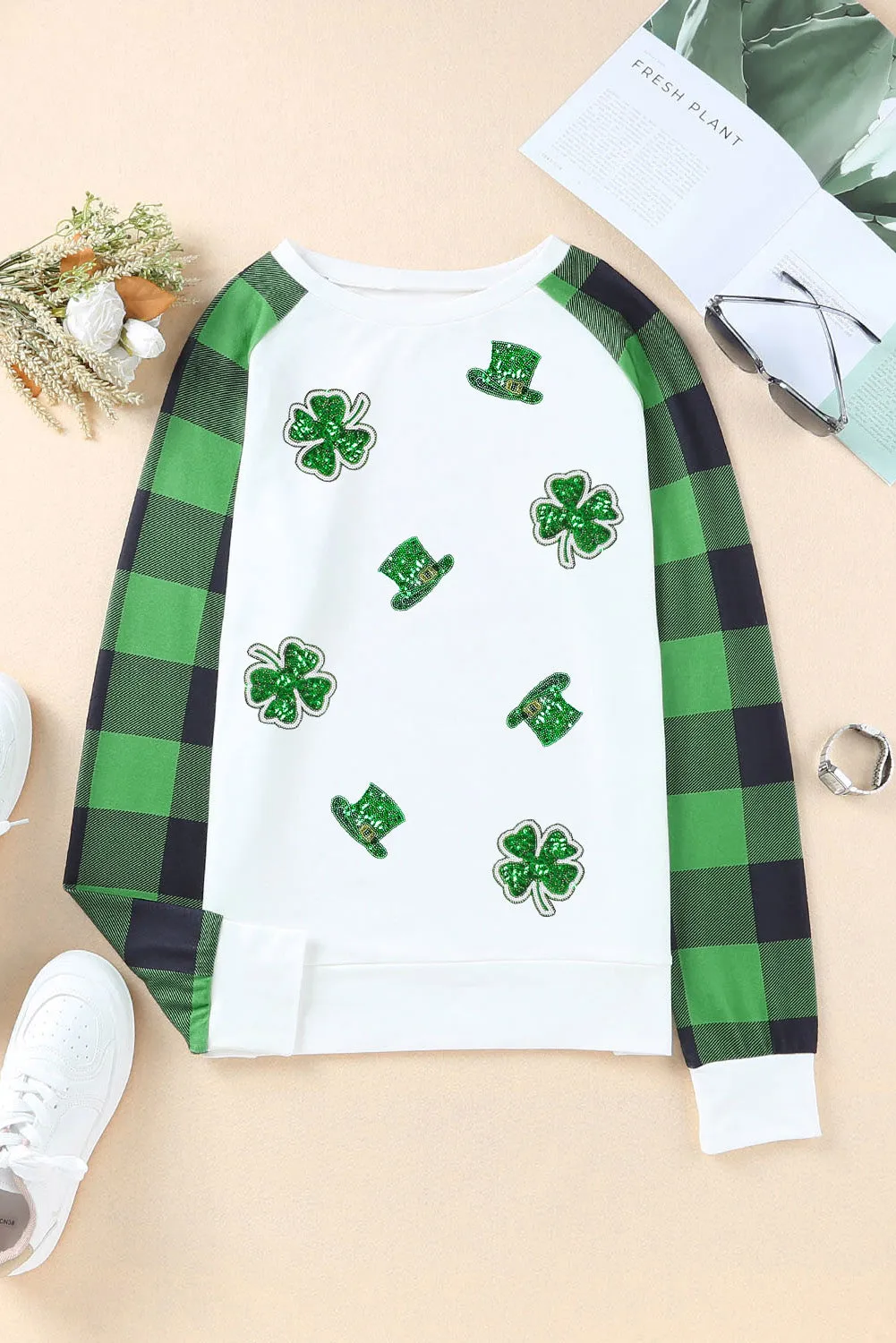 Green Sequin St Patrick Graphic Contrast Plaid Sleeve Top