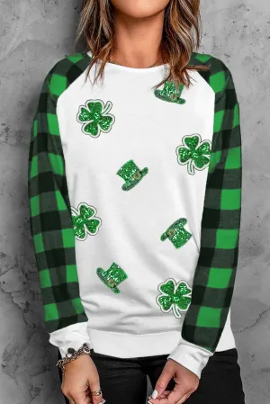 Green Sequin St Patrick Graphic Contrast Plaid Sleeve Top
