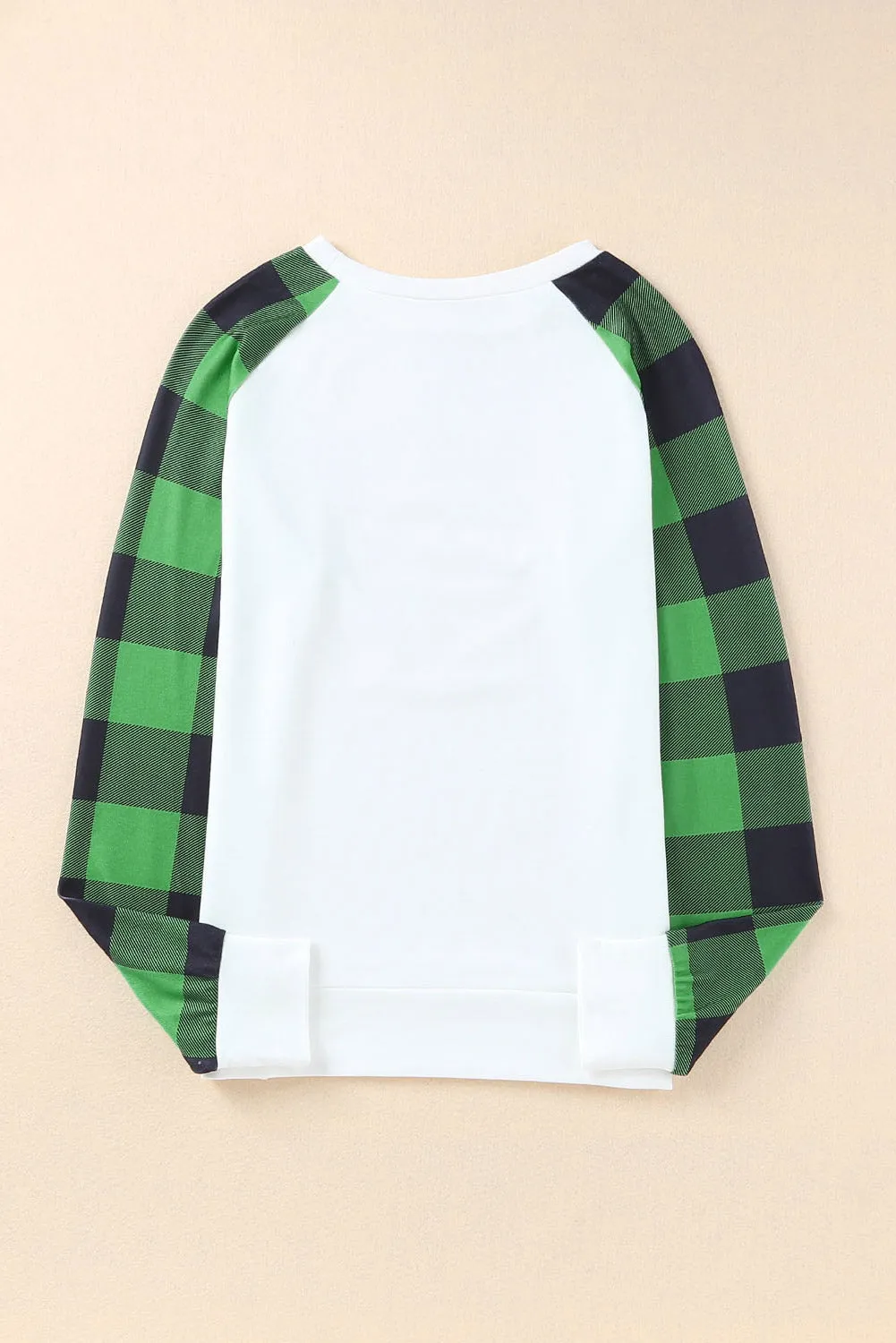 Green Sequin St Patrick Graphic Contrast Plaid Sleeve Top