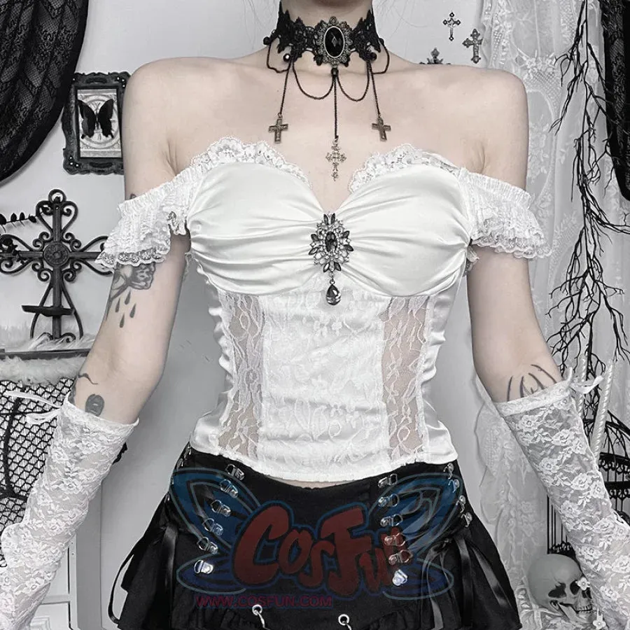 Halloween Ghost Bride White One Shoulder Vintage Gothic Top Lace Fishtail Skirt