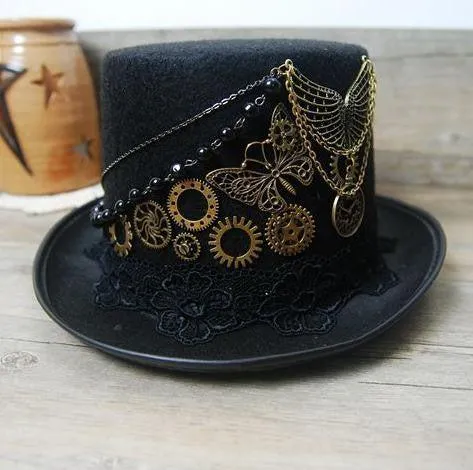 Handmade Vintage Top Hat with Wings, Gears and Chain