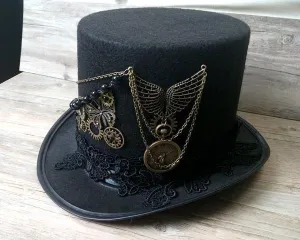 Handmade Vintage Top Hat with Wings, Gears and Chain