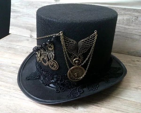 Handmade Vintage Top Hat with Wings, Gears and Chain