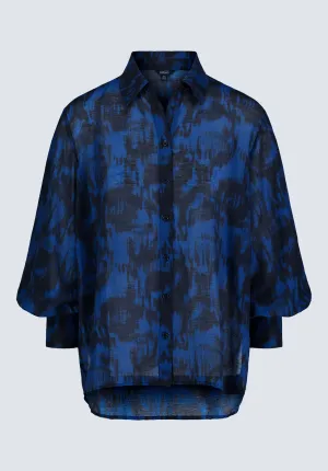 Hayley Women’s Abstract Print Button-Up Shirt, Navy & Black - WT0129H