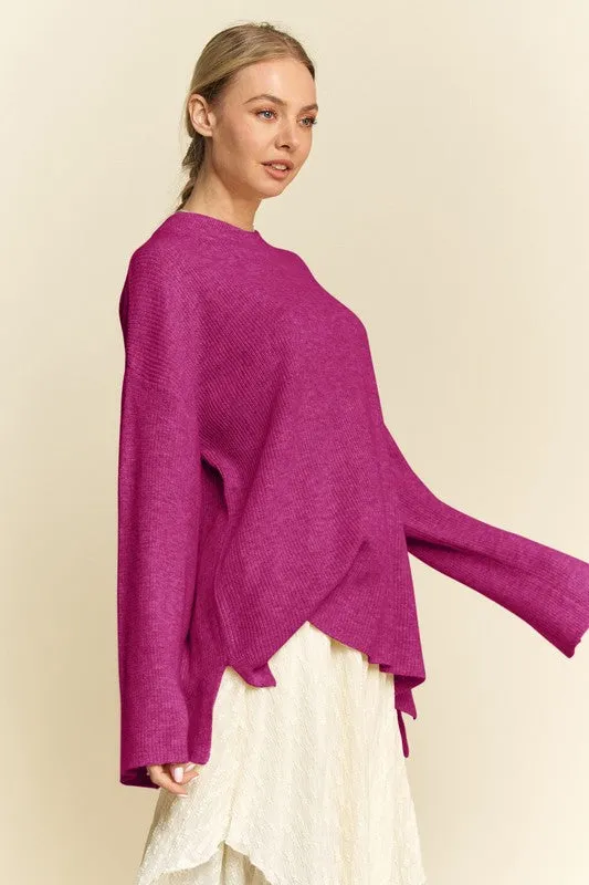 Hazel Blues® |  Davi & Dani High-Low Round Neck Drop Shoulder Sweater