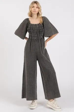 Hazel Blues® |  Mittoshop Mineral Wash Gauze Ruched Wide Leg Jumpsuit