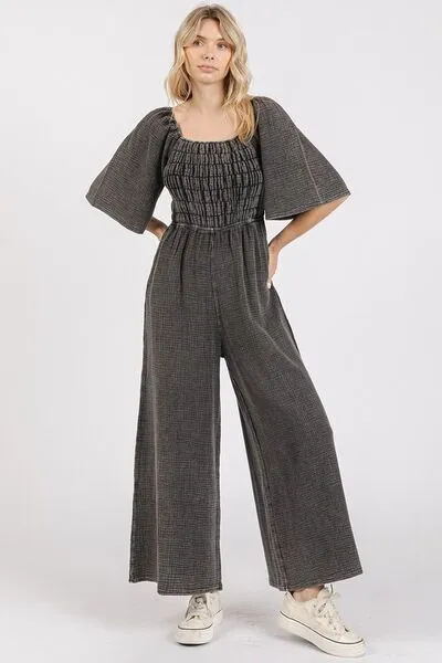 Hazel Blues® |  Mittoshop Mineral Wash Gauze Ruched Wide Leg Jumpsuit