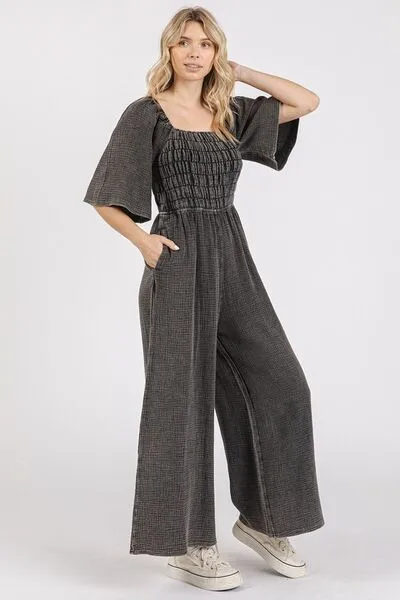 Hazel Blues® |  Mittoshop Mineral Wash Gauze Ruched Wide Leg Jumpsuit