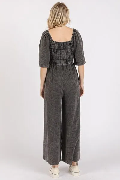 Hazel Blues® |  Mittoshop Mineral Wash Gauze Ruched Wide Leg Jumpsuit
