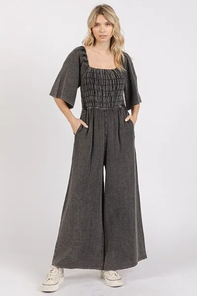 Hazel Blues® |  Mittoshop Mineral Wash Gauze Ruched Wide Leg Jumpsuit