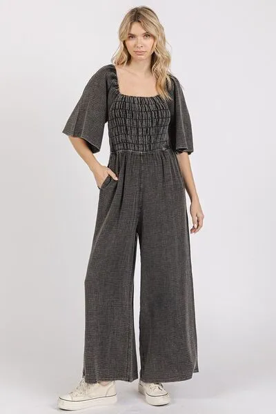 Hazel Blues® |  Mittoshop Mineral Wash Gauze Ruched Wide Leg Jumpsuit