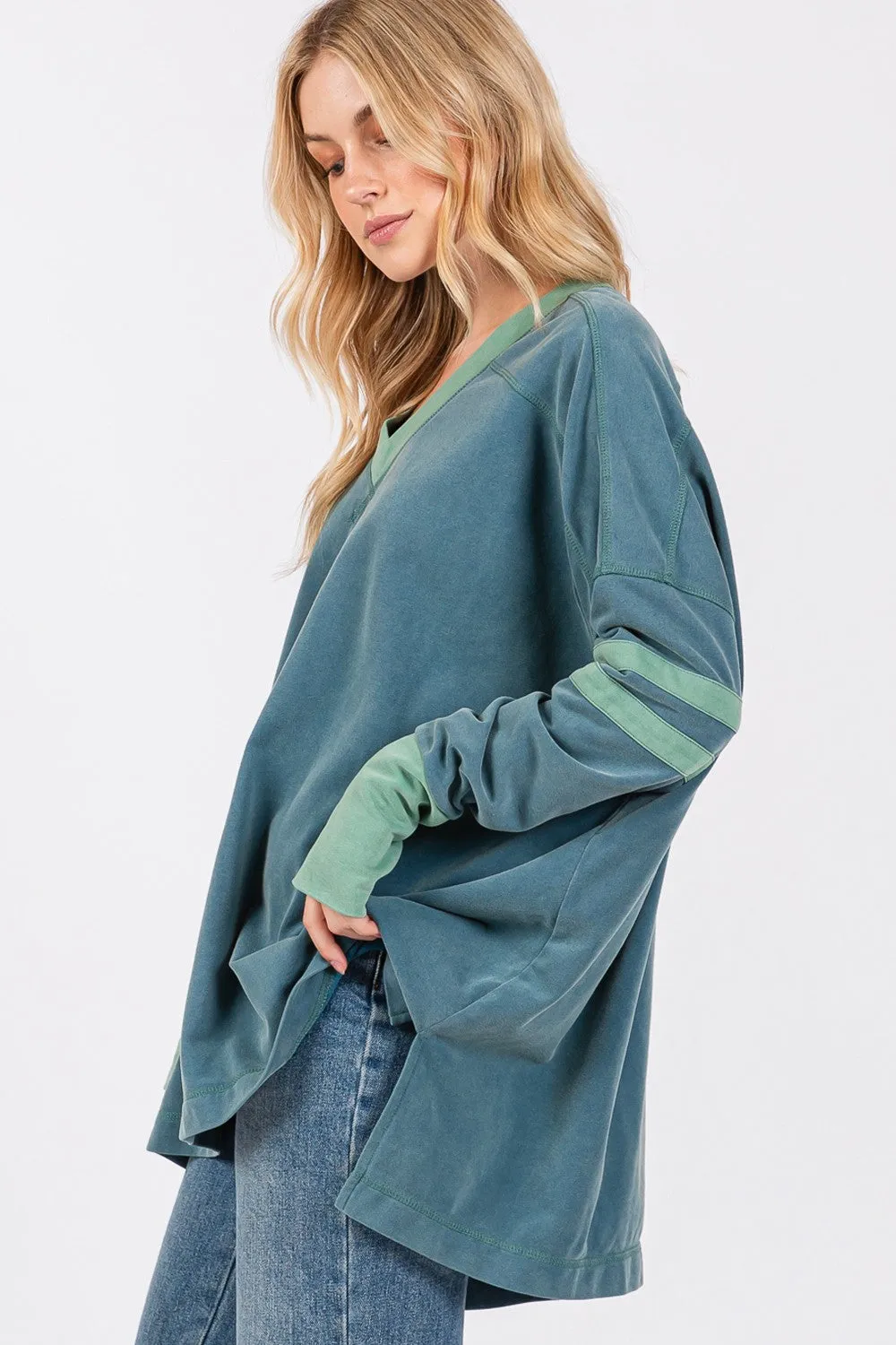 Hazel Blues® |  SAGE   FIG Mineral Wash Side Slit Contrast Top