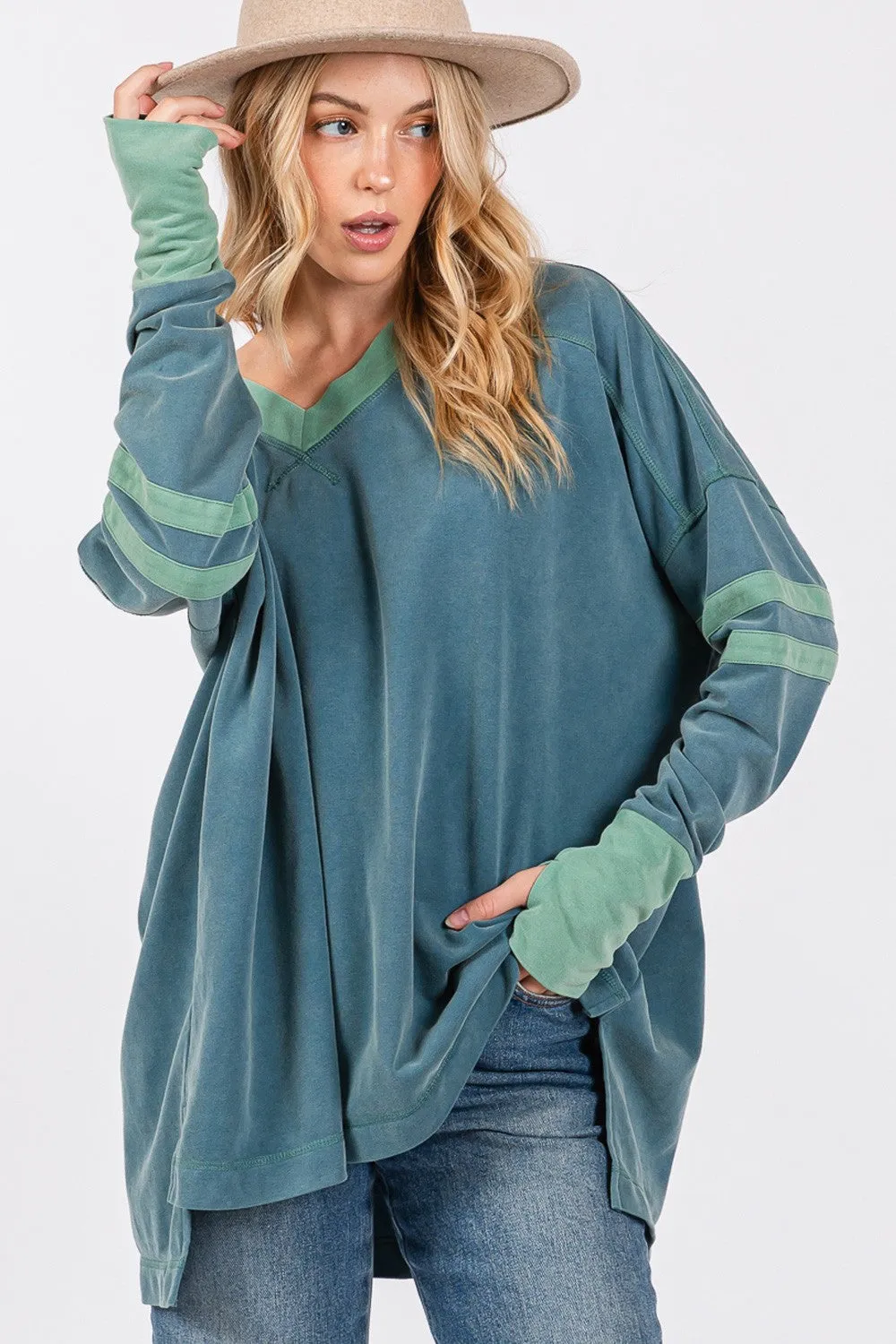 Hazel Blues® |  SAGE   FIG Mineral Wash Side Slit Contrast Top