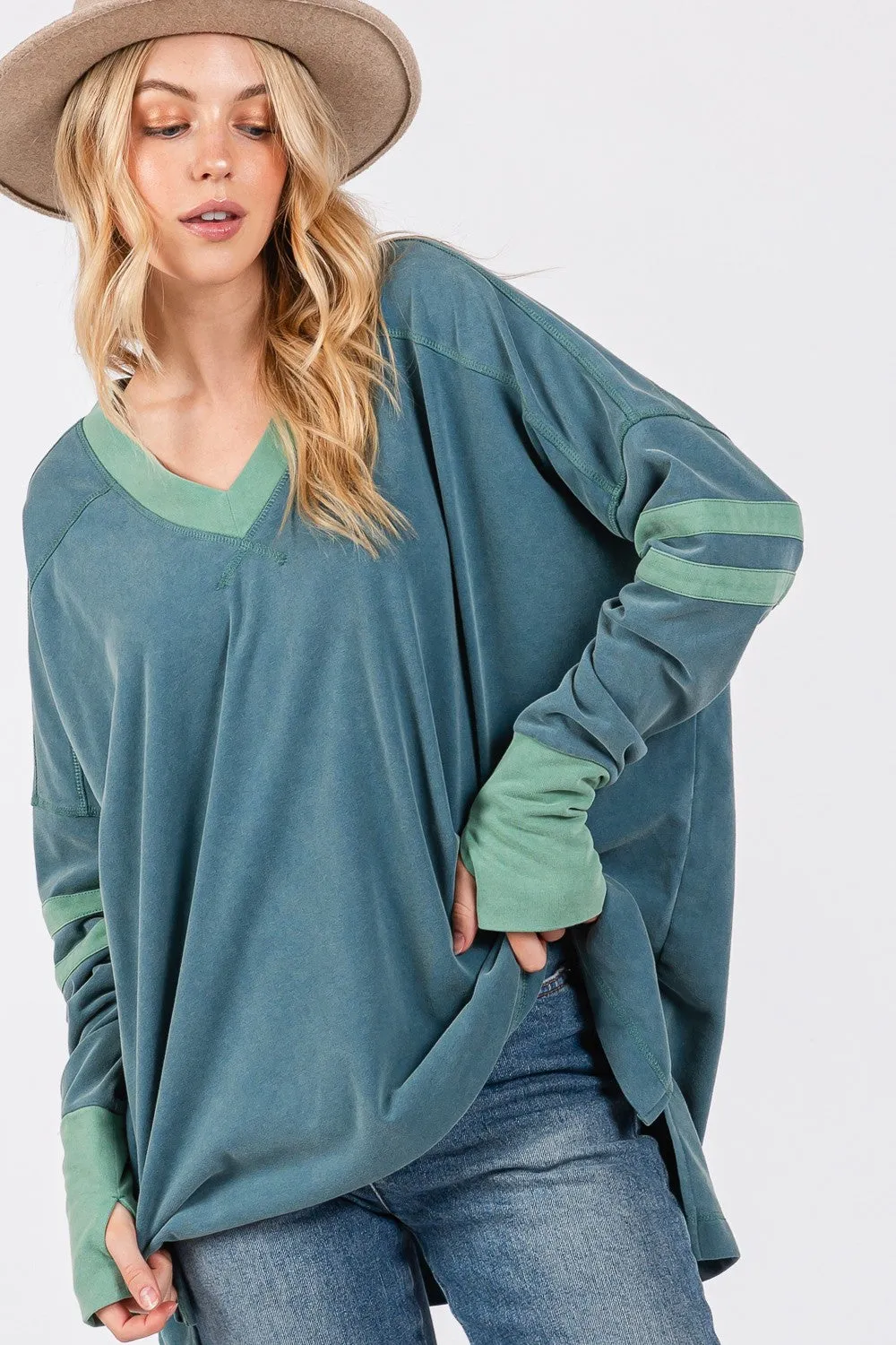 Hazel Blues® |  SAGE   FIG Mineral Wash Side Slit Contrast Top