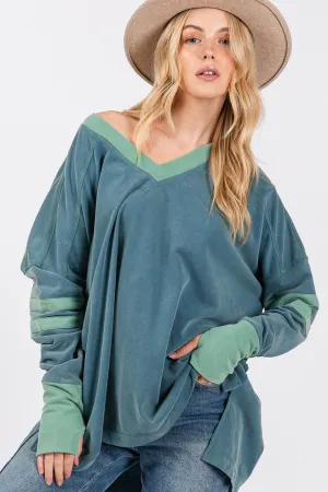 Hazel Blues® |  SAGE   FIG Mineral Wash Side Slit Contrast Top