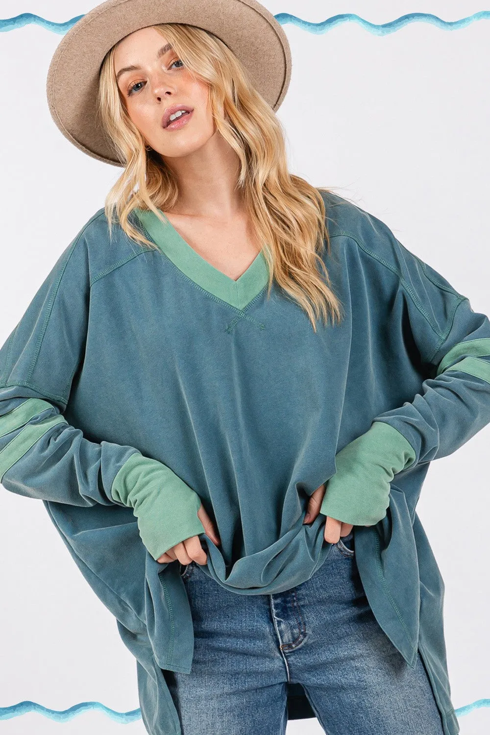 Hazel Blues® |  SAGE   FIG Mineral Wash Side Slit Contrast Top