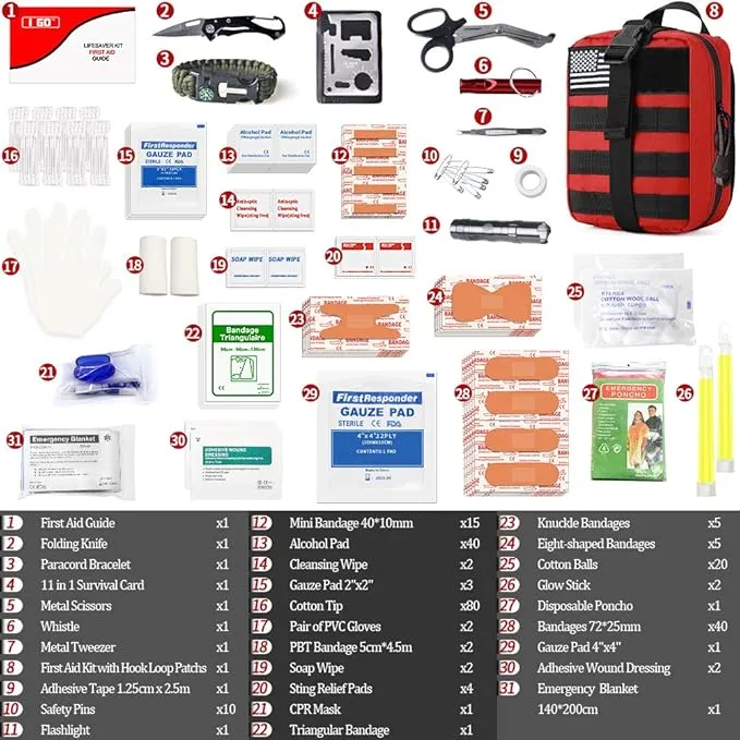 I GO Survival First Aid Kit, 251 Pieces Compact Tactical Trauma First Aid Bag, Molle Compatible Emergency Pouch for Outdoor Camping Hiking Backpacking and Travel