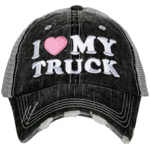 I love my truck hat Gray with pink heart Embroidered Distressed vintage trucker cap Adjustable velcro