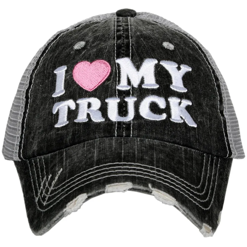 I love my truck hat Gray with pink heart Embroidered Distressed vintage trucker cap Adjustable velcro