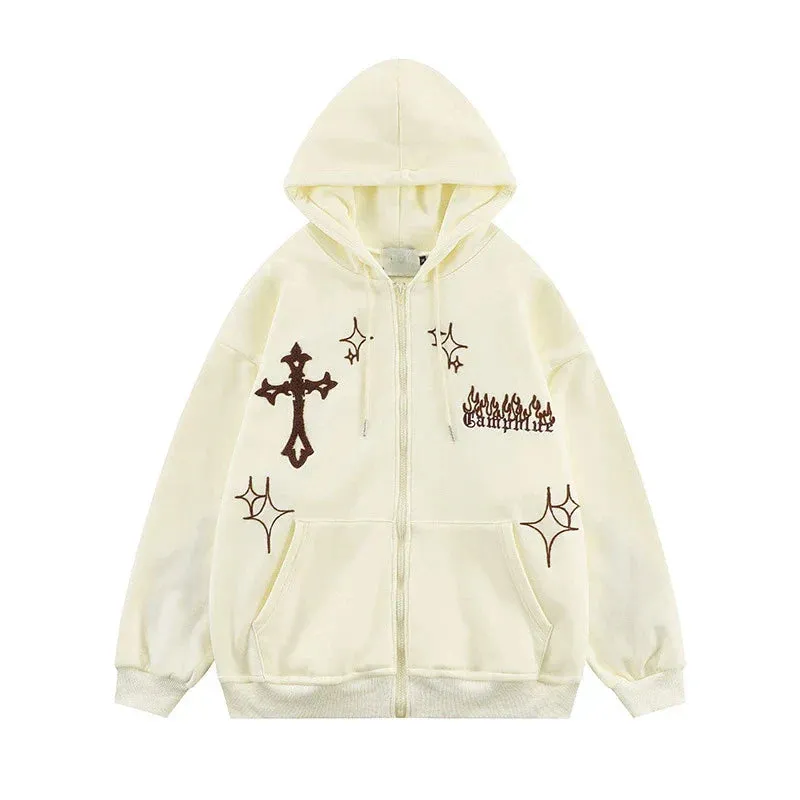 JazzHer 2024 Fall Fashion Y2K Aesthetic Vintage Slim Sweatshirts Embroidery Graphic Pattern Zip Up Hoodies 2000s Retro Grunge Mall Goth Jacket Autumn Coat