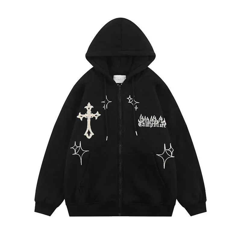 JazzHer 2024 Fall Fashion Y2K Aesthetic Vintage Slim Sweatshirts Embroidery Graphic Pattern Zip Up Hoodies 2000s Retro Grunge Mall Goth Jacket Autumn Coat