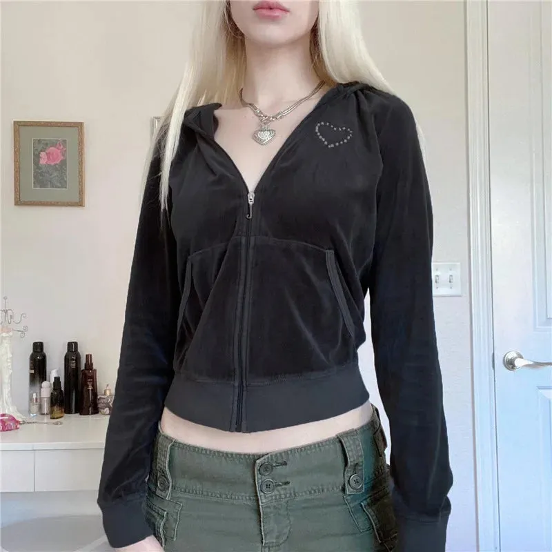 JazzHer 2024 Fall Fashion Y2K Aesthetic Vintage Slim Sweatshirts Embroidery Graphic Pattern Zip Up Hoodies 2000s Retro Grunge Mall Goth Jacket Autumn Coat