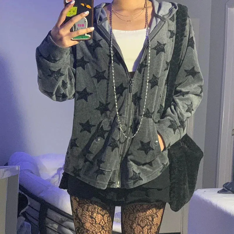 JazzHer 2024 Fall Fashion Y2K Aesthetic Vintage Slim Sweatshirts Embroidery Graphic Pattern Zip Up Hoodies 2000s Retro Grunge Mall Goth Jacket Autumn Coat