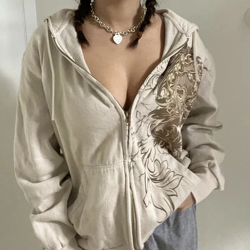 JazzHer 2024 Fall Fashion Y2K Aesthetic Vintage Slim Sweatshirts Embroidery Graphic Pattern Zip Up Hoodies 2000s Retro Grunge Mall Goth Jacket Autumn Coat