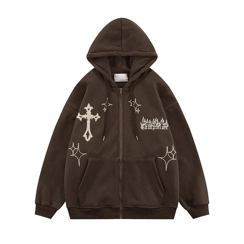 JazzHer 2024 Fall Fashion Y2K Aesthetic Vintage Slim Sweatshirts Embroidery Graphic Pattern Zip Up Hoodies 2000s Retro Grunge Mall Goth Jacket Autumn Coat