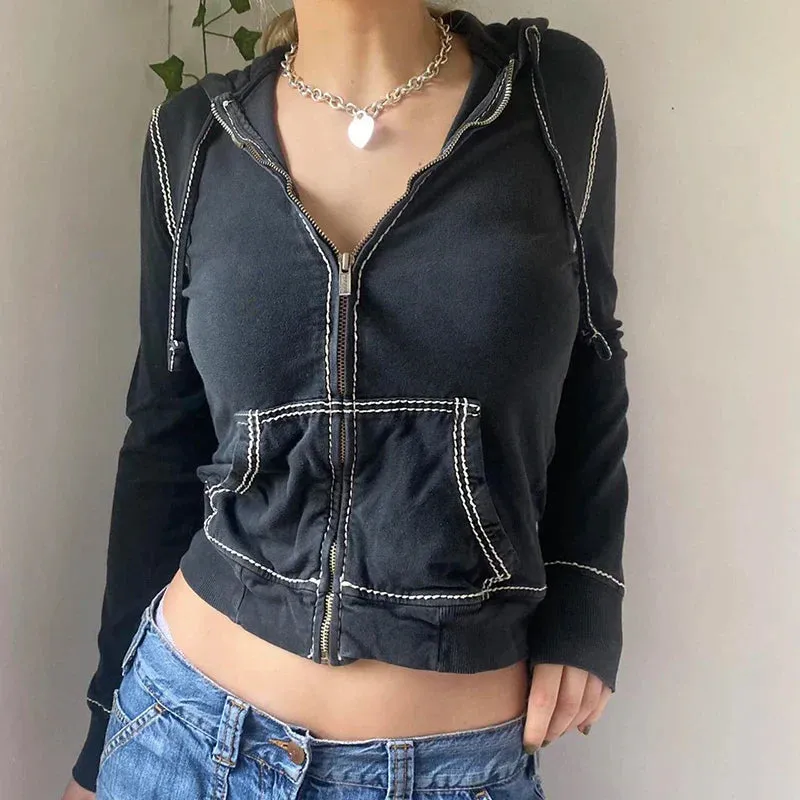 JazzHer 2024 Fall Fashion Y2K Aesthetic Vintage Slim Sweatshirts Embroidery Graphic Pattern Zip Up Hoodies 2000s Retro Grunge Mall Goth Jacket Autumn Coat