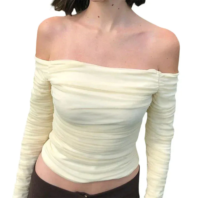 JazzHer Autumn Spring Korean Off Shoulder T-shirt Chic Vintage Backless Slim Fit Crop Tops Women Fairy Coquette Tees Y2K Pretty Outfits