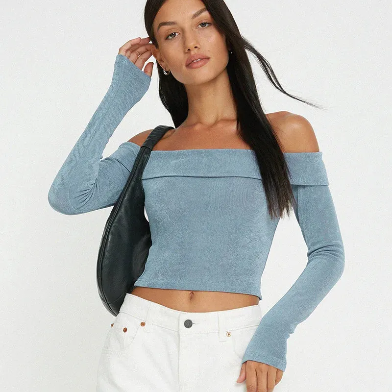 JazzHer Autumn Spring Korean Off Shoulder T-shirt Chic Vintage Backless Slim Fit Crop Tops Women Fairy Coquette Tees Y2K Pretty Outfits